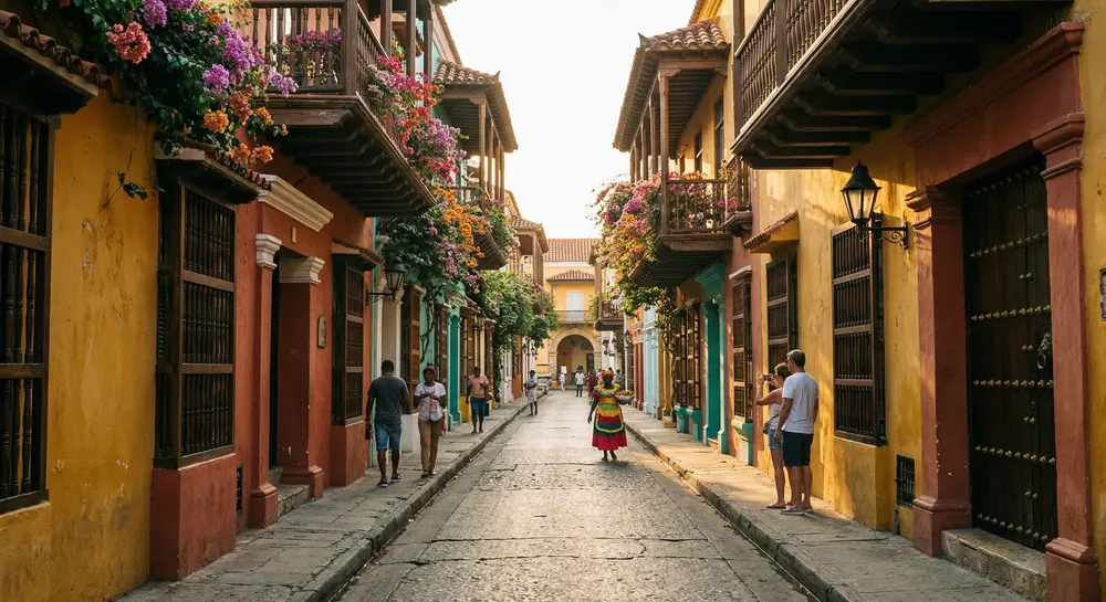 Colourful colonial buildings in Cartagena's walled city, Colombia