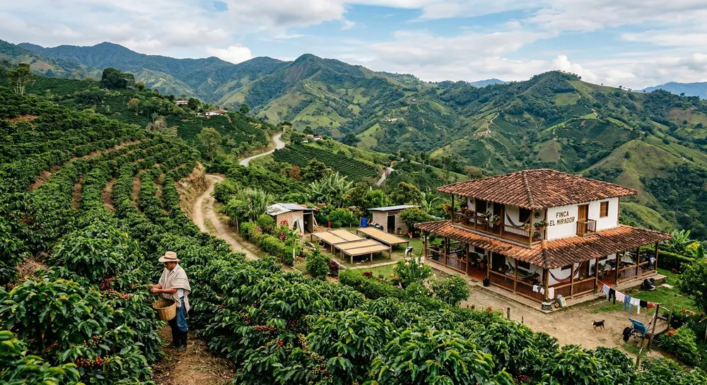 Rolling green hills and finca in Colombia's Coffee Region