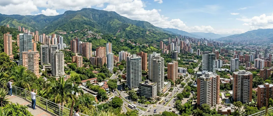 El Poblado neighbourhood in Medellín with lush green hillside and modern apartments