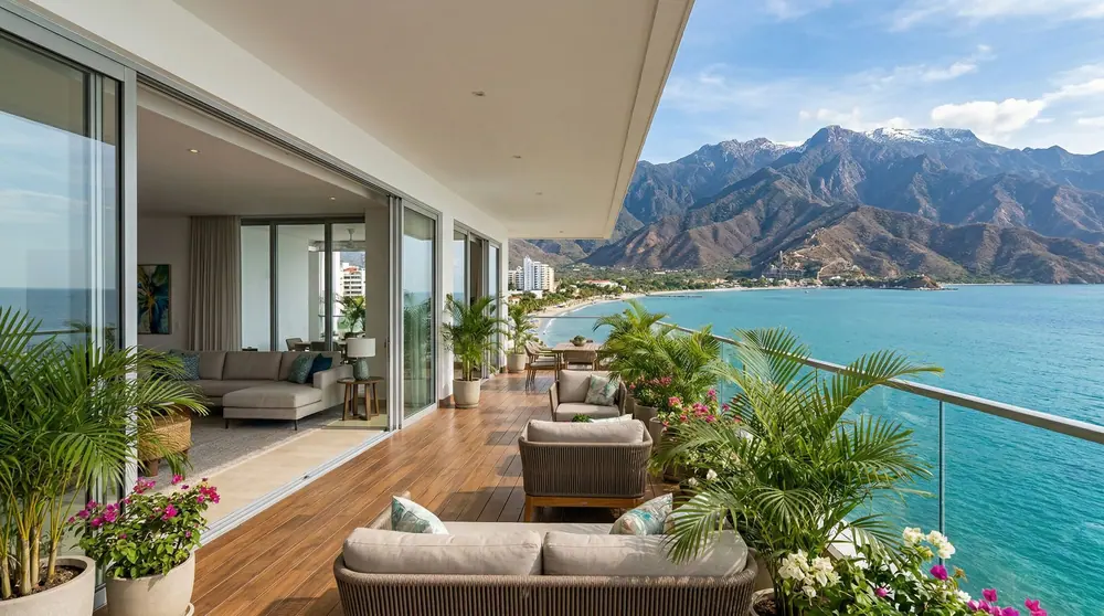 Ocean view from a Santa Marta apartment balcony with Tayrona mountains